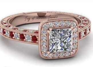 Birthday Gifts Ideas : 14K Rose Gold 3CT Emerald Cut Russian Lab Diamond Red Ruby Halo Engagement Ring