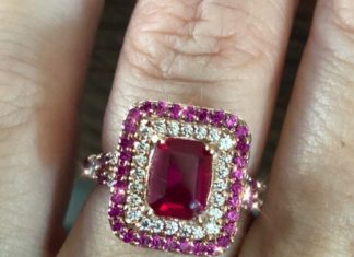 Birthday Gifts Ideas : 14K Rose Gold 2CT Emerald Cut Russian Lab Diamond Red Ruby Halo Engagement Ring