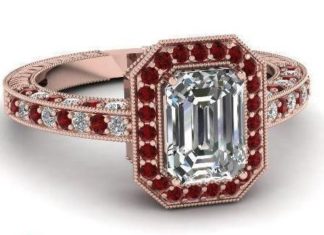 Birthday Gifts Ideas : 14K Rose Gold 3CT Emerald Cut Russian Lab Diamond Red Ruby Halo Engagement Ring