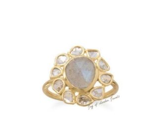 Birthday Gifts Ideas : 14K Yellow Gold Natural Polki Diamond & Labradorite Floral Ring
