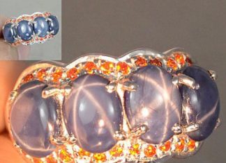 Birthday Gifts Ideas : 5.3CT Oval Cabochon 6 Ray Star Blue Sapphire and Orange Sapphire Accent Engageme…