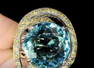 Birthday Gifts Ideas : A 14K White Gold 11CT Round Cut Blue Aquamarine Yellow Sapphire Spiral Halo Ring