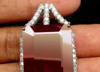 Birthday Gifts Ideas : A Natural Rare 94.1CT Emerald Cut Blood Red Ruby Pendant White Sapphire Halo