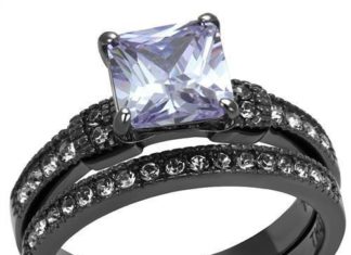 Birthday Gifts Ideas : A Perfect 1.5CT Princess Cut Purple Amethyst & Russian Lab Diamond Bridal Set