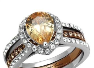 Birthday Gifts Ideas : A Perfect 3CT Pear Cut Champage Russian Lab Diamond Halo Wedding Ring Bridal Set