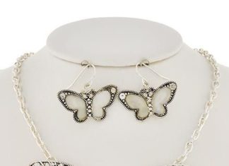 Birthday Gifts Ideas : Antique Silver Mother Of Pearl Butterfly Necklace and Earrings Set