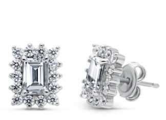 Birthday Gifts Ideas : Flawless Emerald Cut Russian Lab Diamond Stud Halo Earrings