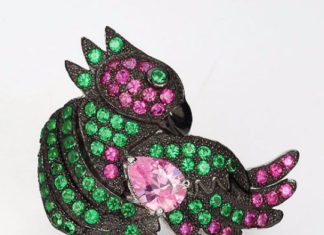 Birthday Gifts Ideas : French 2.6CT Pink Sapphire & Green Peridot Bird with Black Rhodium Statement Rin…