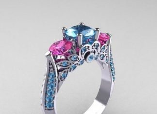 Birthday Gifts Ideas : Natural 18K White Gold 1.8CT Round Diamond Cut Blue Aquamarine and 2.82 TCW Pink…