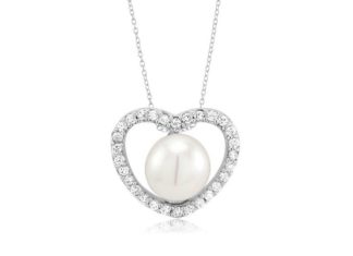 Birthday Gifts Ideas : Natural 8mm White Pearl Heart AAAA CZ Necklace
