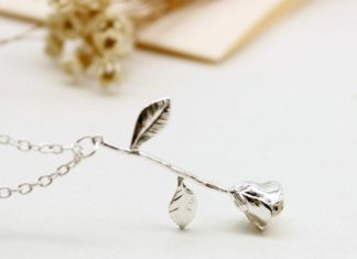 Birthday Gifts Ideas : Rose Gold Sterling or Yellow Gold Delicate Stem Rose Necklace