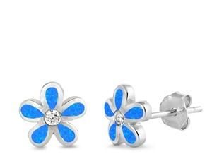 Birthday Gifts Ideas : Royal White or Blue Opal Floral Stud Earrings