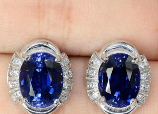 Birthday Gifts Ideas : White Gold Natural 4CT Oval Cut Royal Blue Sapphire Halo Stud Earrings