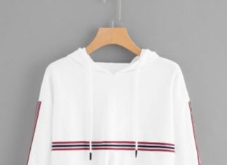 Birthday Gifts Ideas : Striped Tape Panel Drawstring Detail Hoodie