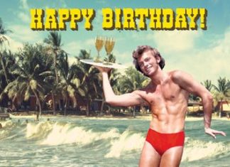 Birthday Decoration : Happy Birthday Waiter Surfer Greeting Card by Max Hernn