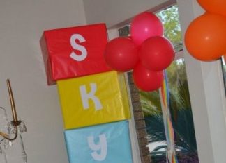 Birthday Decoration : Rainbow party decorations at the entrance, like this blocks with the name of the…