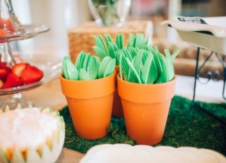 Birthday Decoration : Utensils placed in terra cotta pots from a Beatrix Potter’s Peter Rabbit Inspire…