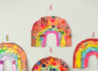 Birthday Decoration : Children use colored collage material to make a rainbow from cardboard.