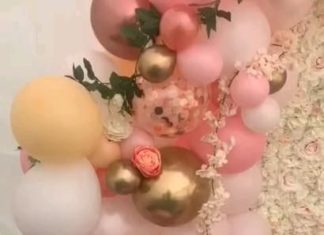 + 74 birthday party decorations : Pink, white, gold organic balloon arch with flower vines and flowerwall. Cake table props decoration